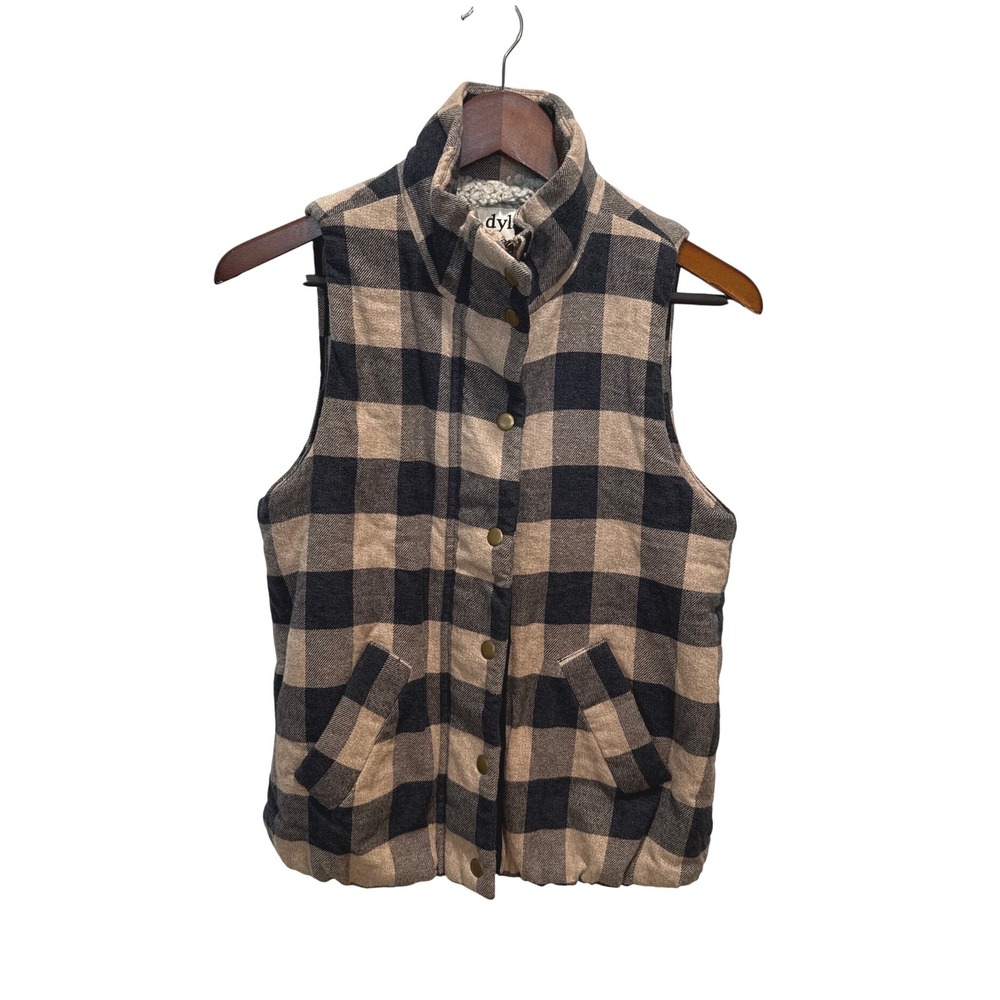 Dylan Plaid Sherpa Lined Vest Women's Tan Black Snap Front Collar‎